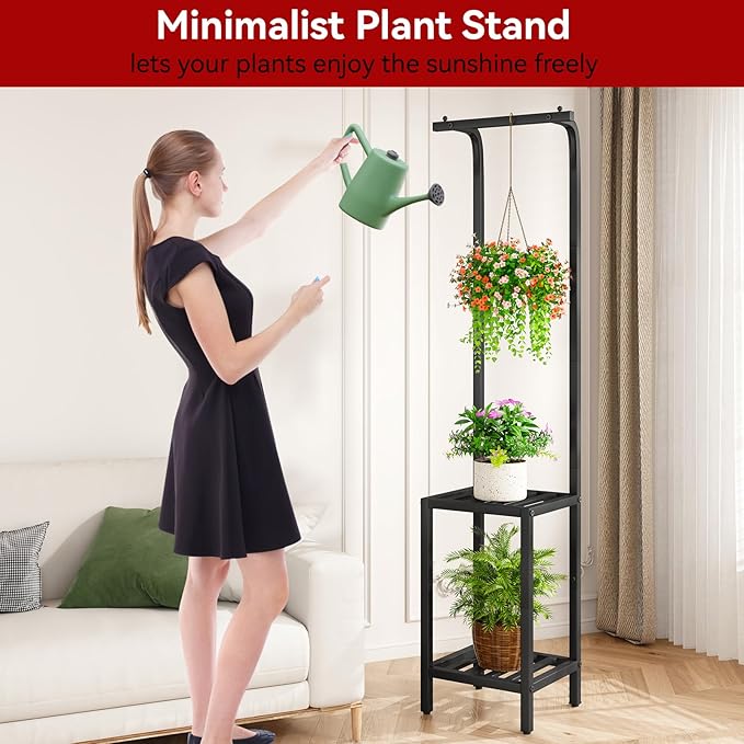 IBUYKE 67 Inch Tall Plant Stand Indoor Outdoor, 3 Tier Metal Hanging Plant Shelf for Multiple Plant, Heavy Duty Plant Holder Flower Stand for Living Room Patio Balcony Garden, Black TMJ076B IBUYKE