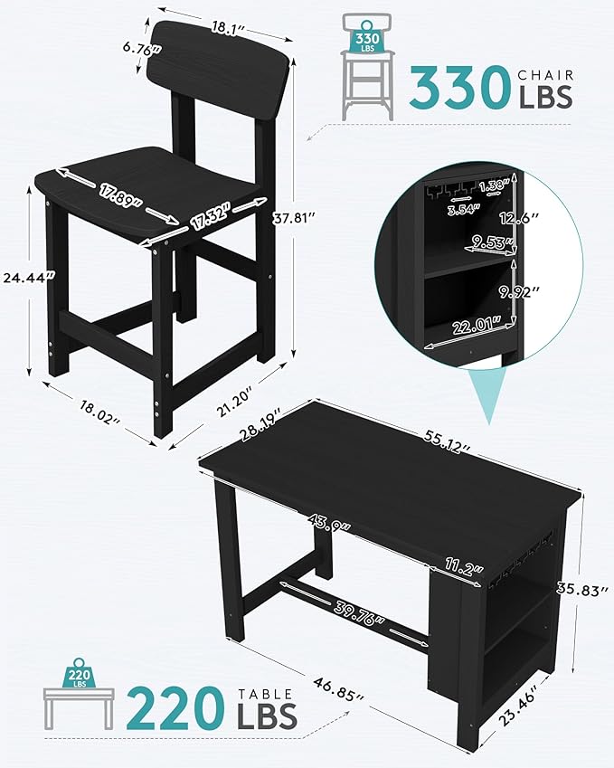 SERWALL Outdoor Bar Table and Chairs Set, 5-Piece HDPE Counter Height Patio Dining Sets with Storage and Wine Rack, Rectangular High Top Bar Table with 4 Bar Stools for Garden, Backyard, Black SERWALL