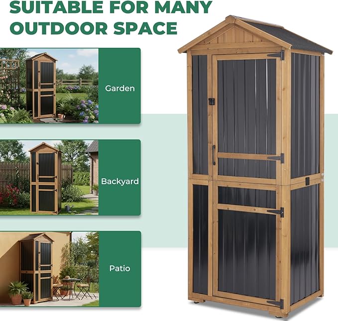 Large Outdoor Storage Cabinet with 4 Shelves, Wood Outdoor Storage Shed with Weatherproof Roof, Lockable Doors, Tall Outdoor Patio Cabinets for Garden Tool and Accessories, Brown MAGAZOOPET