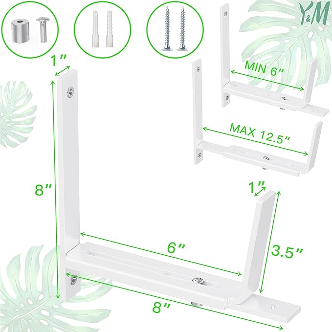 Y&M 6 Pack Adjustable Planter Brackets (6 to 12.5 in), Universal Window Box Brackets, Heavy Duty Iron Flower Box Wall Mounting Hooks for Balcony, Fences, Patio, and Garden - White YM