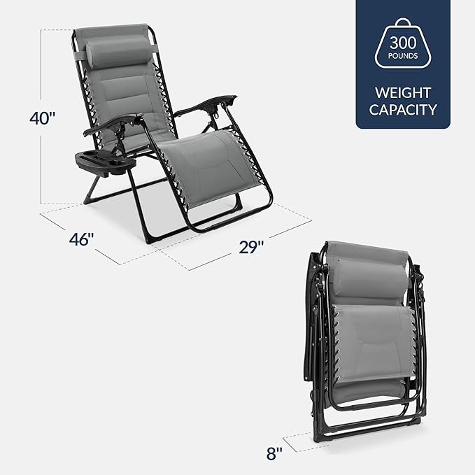 Best Choice Products Oversized Padded Zero Gravity Chair, Folding Outdoor Patio Recliner, XL Anti Gravity Lounger for Backyard w/Headrest, Cup Holder, Side Tray, Polyester Mesh - Ice Gray BestChoiceProducts