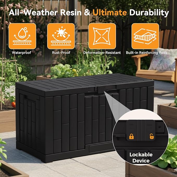 NEWBULIG 60 Gallon Deck Box, Waterproof Outdoor Storage Box with Lockable Lid, Patio Furniture Bench & Side Table, Outside Storage Container, Tool-Free Assembly, for Garden, Pool, Black NEWBULIG