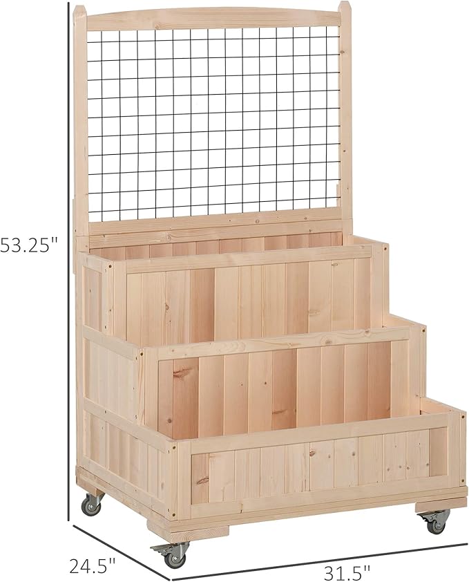 Outsunny 3-Tiers Raised Garden Bed with Trellis, 53" H Vertical Planter Box with Wheels & Back Storage Area, for Flowers, Vegetables, Herbs, Natural Outsunny