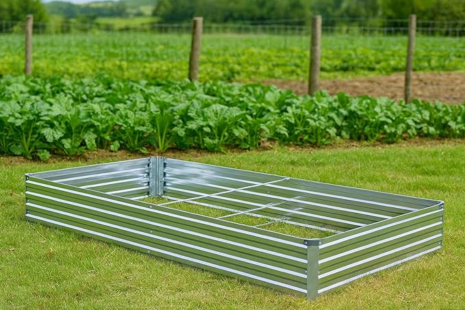 2 Pack 8x4x1FT Galvanized Raised Garden Bed Kit, Outdoor Metal Planter Box for Vegetables, Bottomless Rectangular Gardening Bed with Support Rods, Tool-Free Assembly, Silver Meberam