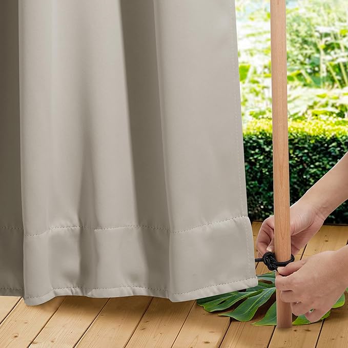 NICETOWN 2 Panels Weighted Outdoor Curtains for Patio Waterproof, Thermal Insulated Grommet & Back Tab on Top & Bottom Windproof Sun Blocking Draperies for Gazebo with Rope, Natural, W66 x L84 NICETOWN