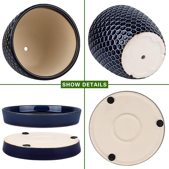 Docrin Blue Honeycomb Ceramic Plant Pot Set - 6.6"+5.5" Inch, Modern Decorative Planters with Drainage Holes & Saucers for Indoor/Outdoor Home Office DOCRIN