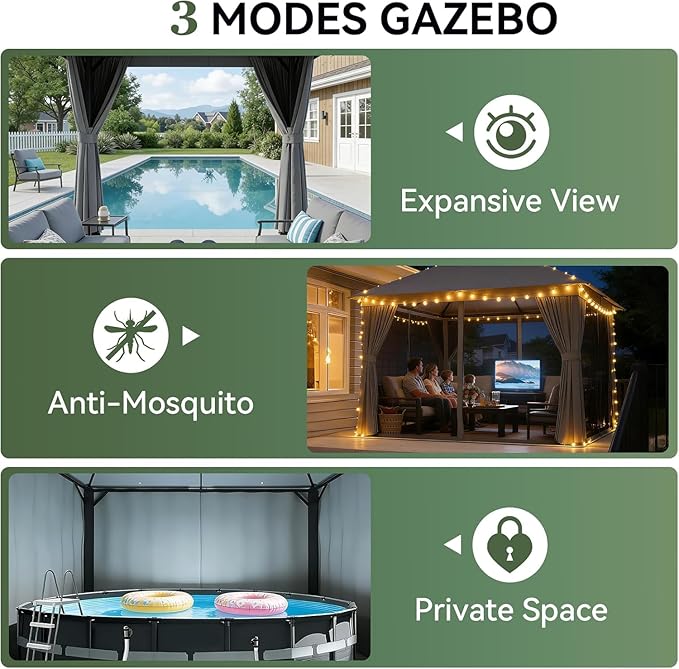 Aoxun 10x10 Outdoor Gazebo with 50FT LED Hanging Lights Metal Frame Canopy with Double Roofs Heavy Duty Party Tent and Shelter with Mosquito Netting and Privacy Screen for Backyard, Lawn, Garden(Gray) Aoxun