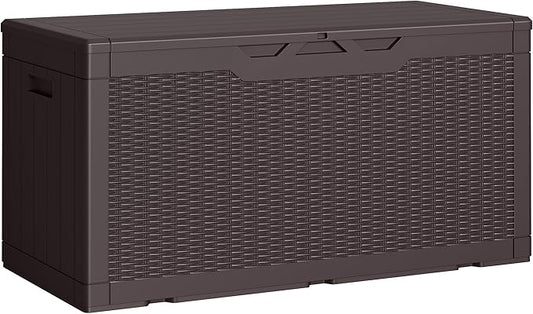 Greesum Outdoor Storage Box 100 Gallon Storage Bin with Lid for Patio Furniture, Garden Tools, Pool Supplies, Lockable, Waterproof and UV Resistant, Dark Brown BuynowfromGreesum