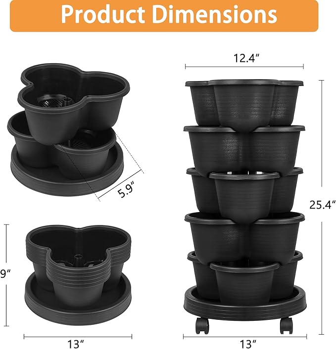 VECELO 5 Tier Vertical Garden Planter, Self Watering Stackable Planters with Wheels for Strawberries, Herbs, Flowers, Vegetables, Black VECELO