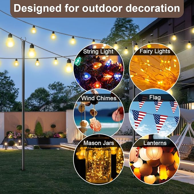 6 Pack 9FT String Light Poles for Outdoor,Metal Lights Hanging Pole Outside with Fork,Light Stand for Patio, Pergola, Garden, Backyard, Yard, Camping Party Rootora
