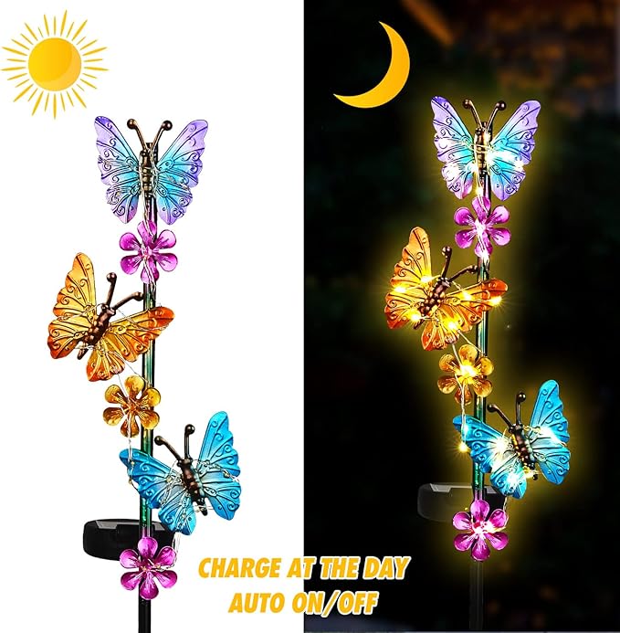 Solar Lights Outdoor Waterproof Garden Butterfly Light Decorative Solar Stake Lights with Butterflies Decor for Garden Yard Lawn Patio Pathway(2 Pack) YHSOLAR