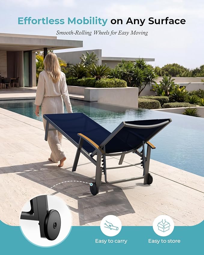Ciokea Outdoor Lounge Chair with Pillow, 5-Position Aluminum Chaise Lounge with Wheels & Armrests, 400 lbs Heavy Duty Patio Pool Chair for Deck, Backyard, Beach & Poolside, Navy Blue CIOKEA