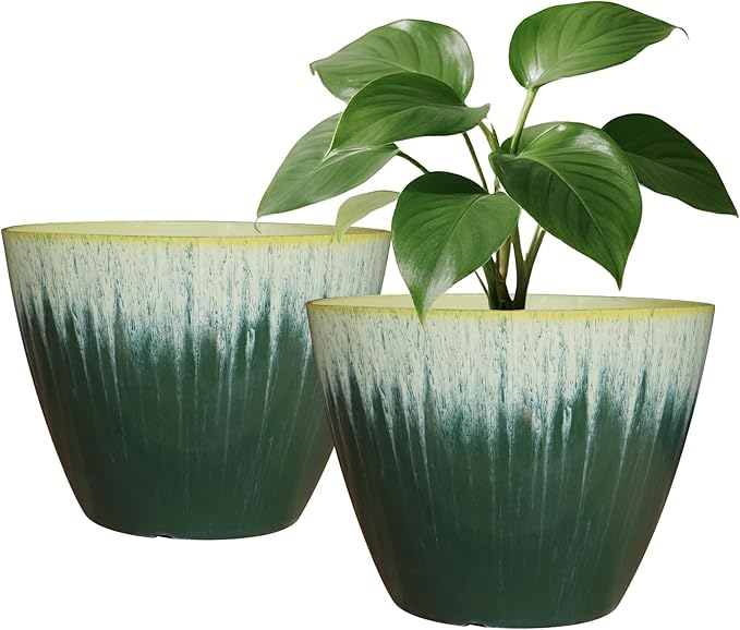 Pack of 2 Flower Pots, Plastic Plant Pots with Drainage Holes, 8 inch Modern Glossy Finishing Planter for Indoor Outdoor Plants (Green Glaze, 2 Pack) LesOasis