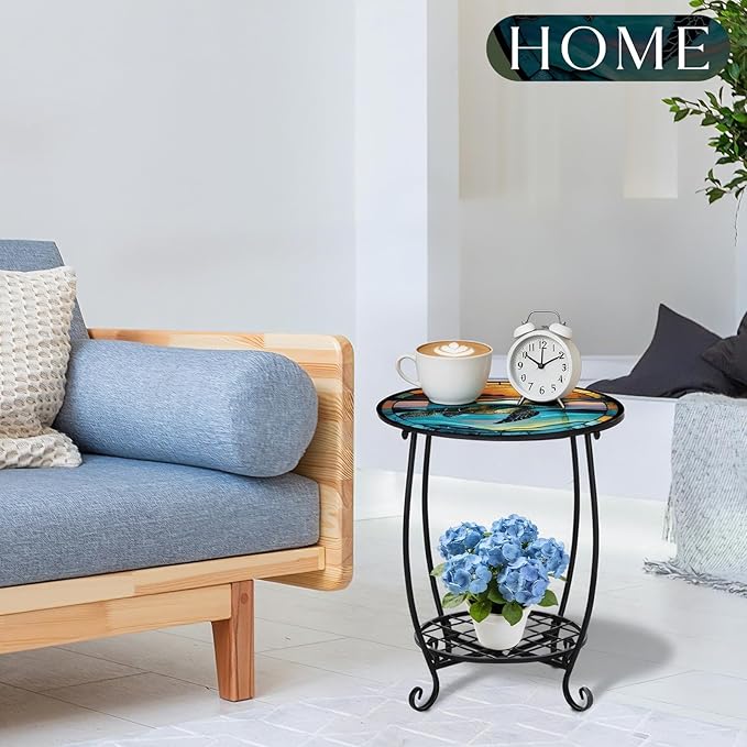 Outdoor Side Table Round Small Mosaic Patio Accent Indoor End Plant Coffee Tea Table for Yard Patio Porch Garden Living Room, Bedroom(Turtle Style,18 Inch) Cinnvoice