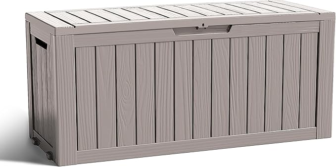 ROJIK Outdoor Storage Housing Deck Box - Waterproof Patio Furniture, Garden Tools, Cushions, Pool Accessories Storage Bench with Lockable Lid and Side Handles (Grey 76 Gal) ROJIK