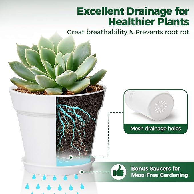 T4U Flower Pots 18-Pack, 5 Inch Plant Pot with Saucer and Drainage Hole, Durable Plastic Flower Pots, Small Pots for Plants, Violet, Succulent and Indoor Plant Decorative (18 Pack 5" Pot, White) T4U