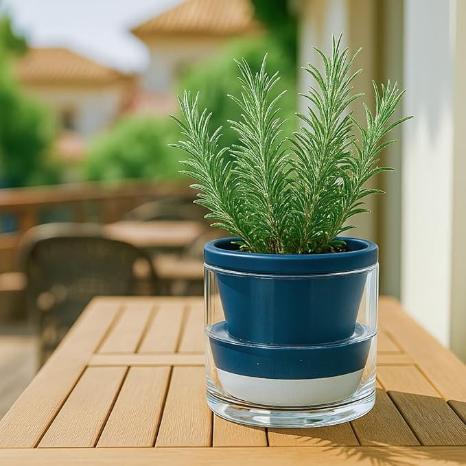 D'vine Dev 6 Inch Design Self Watering Planter for Indoor Plants, Blue Terracotta Pot with Cylinder Glass Cup, 37-X-B-4 DvineDevPlanterPotsandStand