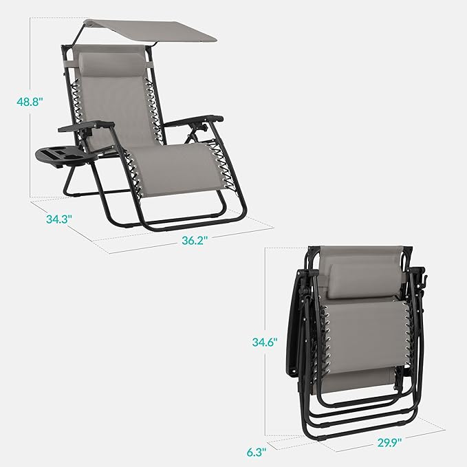 Best Choice Products 30” Wide Folding Zero Gravity Outdoor Recliner Patio Lounge Chair w/Adjustable Canopy Shade, Headrest, Side Accessory Tray - Ice Gray BestChoiceProducts