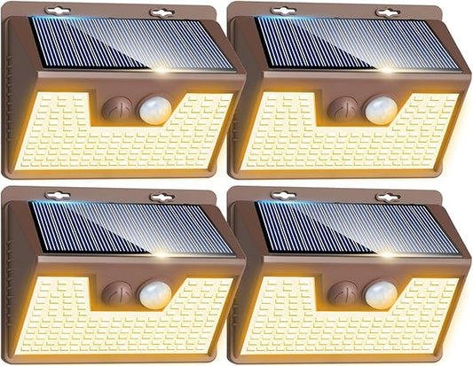 Peasur Solar Lights Outdoor Motion Sensor Waterproof, 4Pack 140LED Brown Solar Powered Fence Light, 3 Modes Security Wall Lights for Garden Yard Outside(Warm White) Peasur