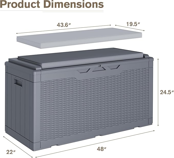 JUMMICO 100 Gallon Resin Deck Box with Cushion, Waterproof Outdoor Storage Box with Lockable Lid for Garden Tools, Patio Cushions (Gray) JUMMICO
