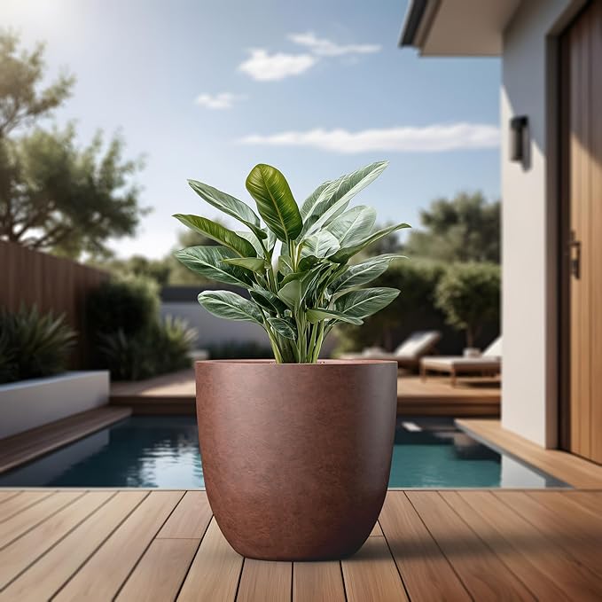 Kante 18 Inch Dia Round Concrete Planter, Indoor Outdoor Large Plant Pot with Drainage Hole and Rubber Plug for Home Patio Garden, Rusty Kante