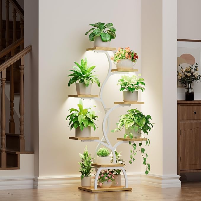 Plant Stand Indoor with Grow Light - 8 Tiered Plant Shelf Indoor, Corner Plant Stand, 49" Tall Plant Shelf with Lights for Indoor Growing, Lighted Flower Holder for Living Room, Balcony (White) EVAWOO