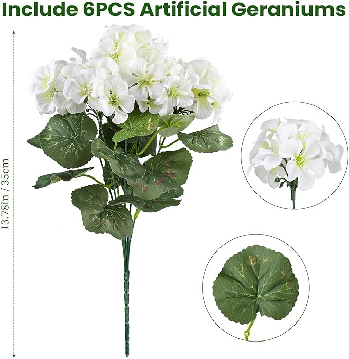 Artificial Geranium Flowers for Outdoors, 6 Bundles Realistic Silk Fake Geranium, No Fade Faux Plants for Hanging Baskets, Window Boxes, Pots - Porch, Patio, Balcony Decor(White) AmberFun