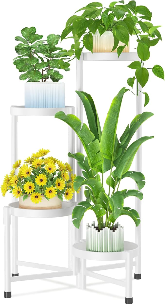 iDavosic.ly Plant Stand Indoor Outdoor, 4 Tier Corner Metal Flower Display Holder Shelf, Easy Assembly Folding Tall Orchid Rack for Patio Balcony Porch Garden Living Room House, White iDavosicly