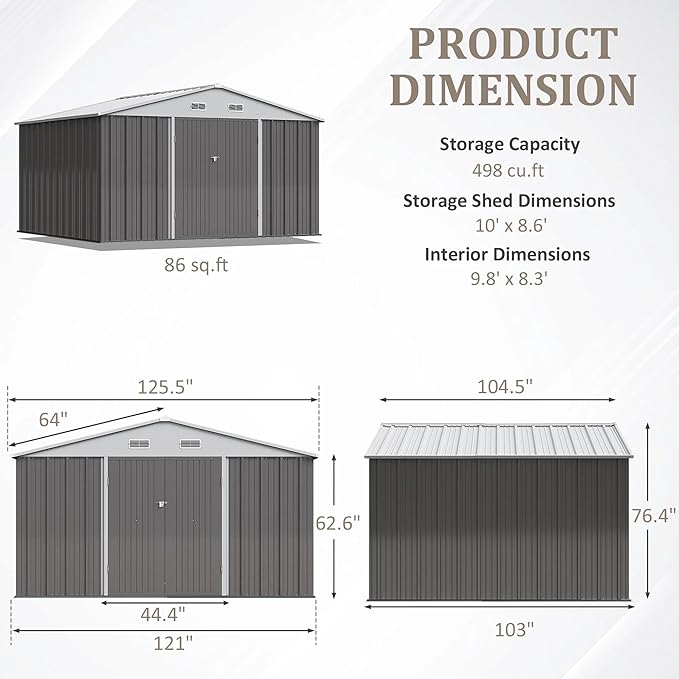 Greesum 10×8FT Outdoor Storage Shed, Metal Patio Storaged Sheds with Lockable Doors, Sheds & Outdoor Storage for Patio, Backyard, Pool and Garden, Gray BuynowfromGreesum