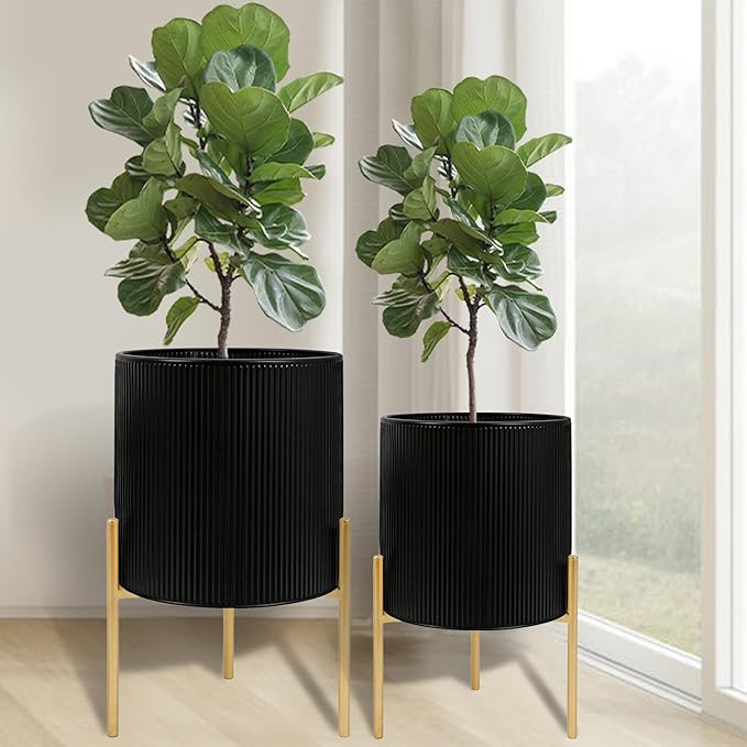 ARNIS Modern Plant Pots, Set of 2 Round Large Planters with Stand, Large Size Metal Pots with Drainage Holes for Living Room, Office, Garden or Balcony, 10.5 &12.25 Inch, Black & Gold ARNIS