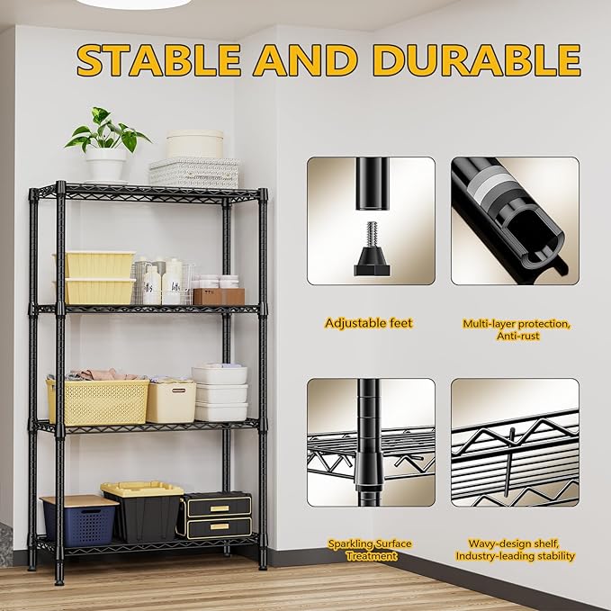 1000 lbs 4 Tier Shelf Metal Storage Shelves Shelving Wire Rack Heavy Duty Closet Organizers for Garage Kitchen Bathroom Laundry Black 13.8" D x 35.4" W x 59.5" H MEIGAOPLASTICANDMETALHKCOLIMITED