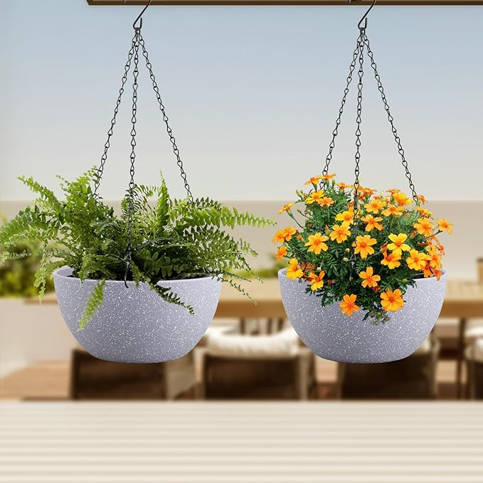 12 inch Large Hanging Planters for Indoor Outdoor Plants, 2 Pack Hanging Flower Pots with Drainage Holes and Chain for Garden Porch, Plastic Hanging Baskets for House Plants, Speckled Grey Meowell