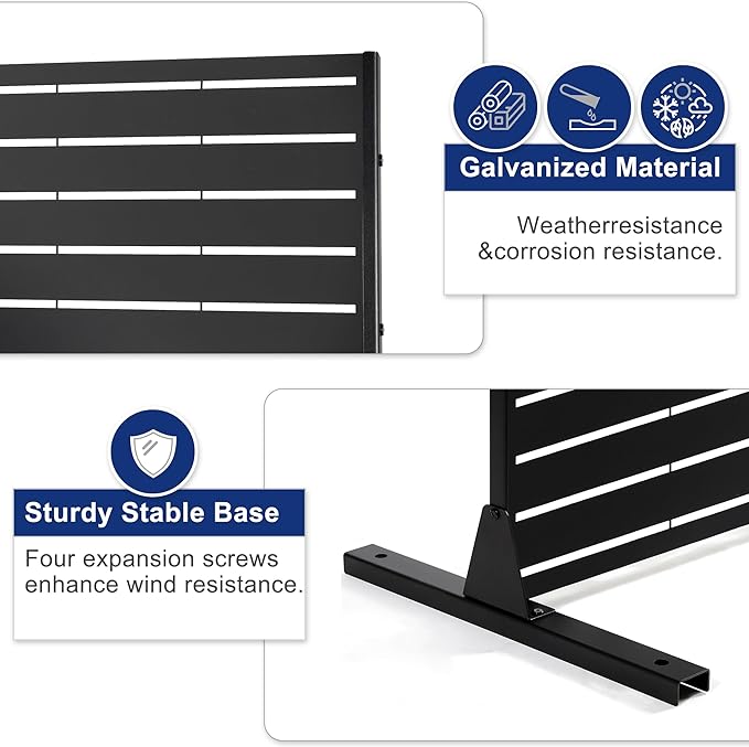 FENCY Metal Privacy Screen with Stand 72" H×44" W Outdoor Freestanding Privacy Panels, Outdoor Privacy Screen for Deck Patio Balcony(Black-Louvered) FENCY