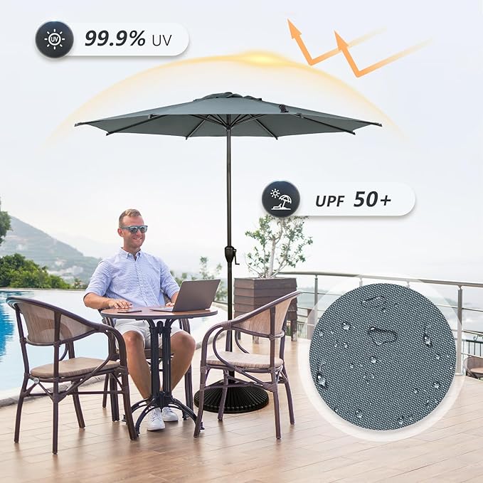 Abba Patio 11FT Lyon Outdoor Patio Umbrella Outdoor Table Umbrella with Push Button Tilt and Crank Market Umbrella 8 Sturdy Ribs UV Protection Waterproof for Garden Deck Backyard Pool Grey AbbaPatio