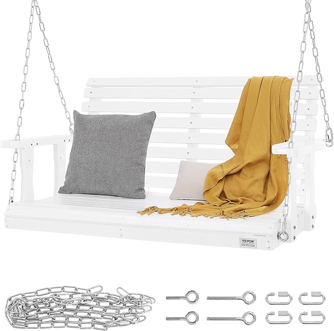 VEVOR Wooden Porch Swing 4 ft, Patio Bench Swing for Courtyard & Garden, Upgraded 880 lbs Strong Load Capacity, Heavy Duty Swing Chair Bench with Hanging Chains for Outdoors, White VEVOR