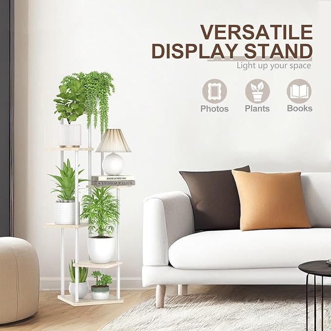 6 Tier Tall Plant Stand Indoor, Large Metal Wood Muti Level Vertical Planter Shelf Orchid Holder for Narrow Corner, Sturdy Heavy Duty Flower Display Rack for House Decor Living Room Bedroom, White Oppro