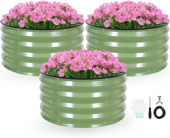 INNO STAG 3 Pcs Round Galvanized Raised Garden Bed — 2×2×1ft Planter Box Outdoor Raised Beds Kit for Gardening Vegetables, Fruits, Herbs, and Flowers, Olive Green INNOSTAGE