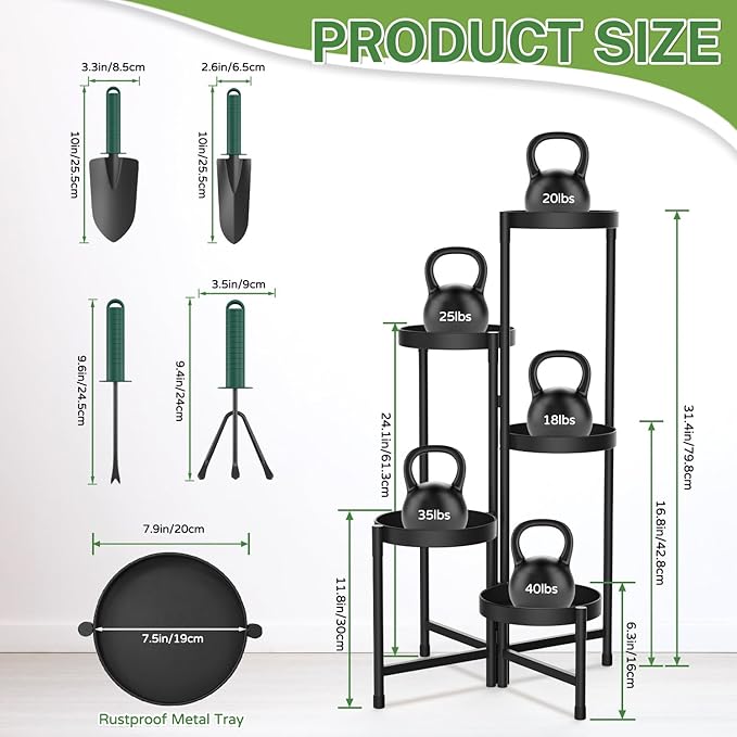 iDavosic.ly Plant Stand with Garden Tools, 5 Tier Corner Metal Flower Display Holder Shelf Indoor Outdoor, Easy Assembly Folding Tall Orchid Rack for Patio Balcony Porch Living Room House, Black iDavosicly