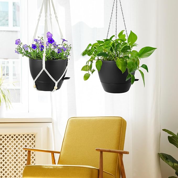10 inch Self Watering Hanging Planters, 2 Pack Hanging Baskets for Indoor Outdoor Plants, Hanging Flower Pots with Drainage Holes & 2 Kinds of Plant Hangers for Garden Home Decor, Black Meowell