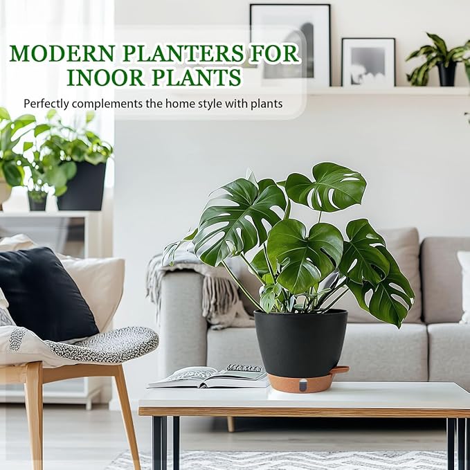 2 Pack 8 Inch Pots for Plants Indoor, Plastic Self Watering Planters with Drainage Holes, Water Level Indicator & Deep Reservoir, Decorative Flower Pots Indoor Outdoor Use (Black Fielda