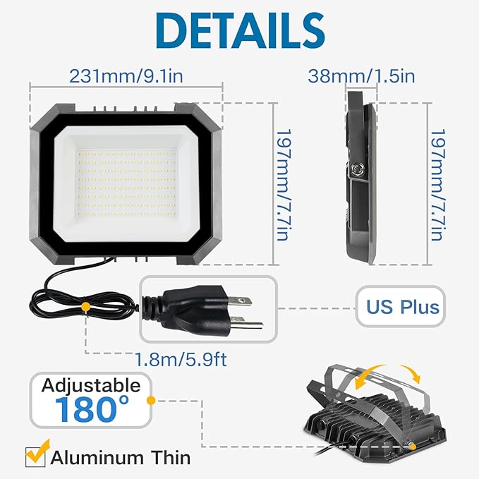 1 Pack LED Flood Lights Outdoor, 100W 10000LM Super Bright Floodlight Outside Work Light with 5.9FT Plug, IP65 Waterproof 6000K Outdoor LED Flood Light for Garage, Yard, Lawn, Garden LEDDICTIVE