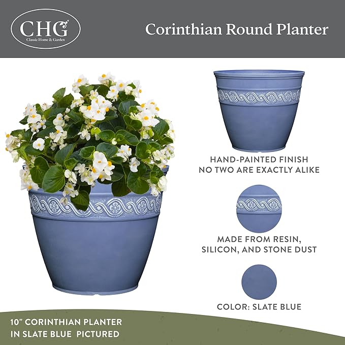 Classic Home and Garden Corinthian Round Resin Flower Planter Pot, Slate Blue 8" (Pack of 3) ClassicHomeandGarden