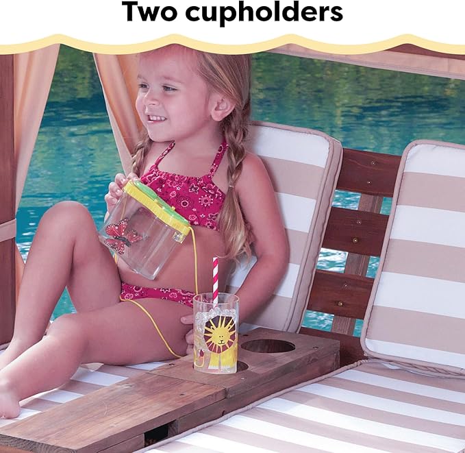 KidKraft Wooden Outdoor Double Chaise Lounge with Cup Holders, Patio Furniture for Kids or Pets, Espresso with Oatmeal and White Striped Fabric KidKraft