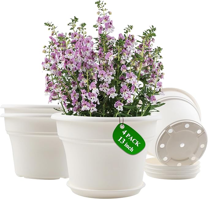 13 Inch Plastic-Flower-Pot-for-Indoor-Plants, 4 Pack Large Outdoor Planter Pot with Drainage Holes & Saucers, Resin Decorative Garden Pots Planters Pottiffe