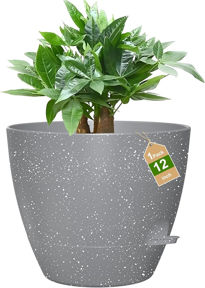 12 Inch Large Self Watering Pots, Flower Pots with Multi-Mesh Drainage Holes and Saucer, Planters for Indoor and Outdoor Garden Plants (Speckled Grey) Rootora