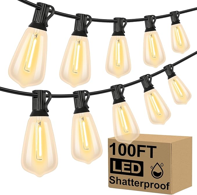 Brightever LED Outdoor String Lights 100FT Patio Lights with 52 Shatterproof 2200K ST38 Vintage Edison Bulbs, Amber Outside Hanging Light Waterproof for Porch, Deck, Garden, Dimmable Amber Lights Brightever