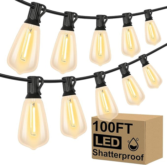 Brightever LED Outdoor String Lights 100FT Patio Lights with 52 Shatterproof 2200K ST38 Vintage Edison Bulbs, Amber Outside Hanging Light Waterproof for Porch, Deck, Garden, Dimmable Amber Lights Brightever