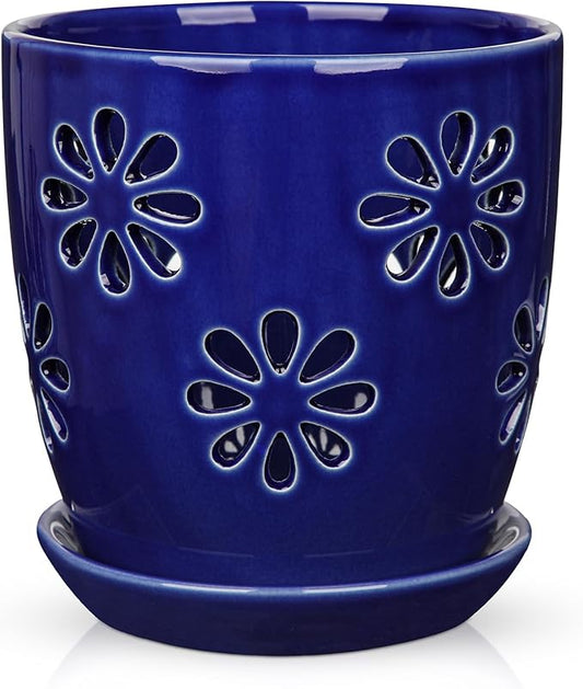 Oairse 6 inch Orchid Pots with Holes, Royal Blue Ceramic Orchid Pot for Repotting Small Indoor Plant Pots with Drainage Holes and Saucers Decorative Flower Planter for Orchids, Indoor Plant Oairse