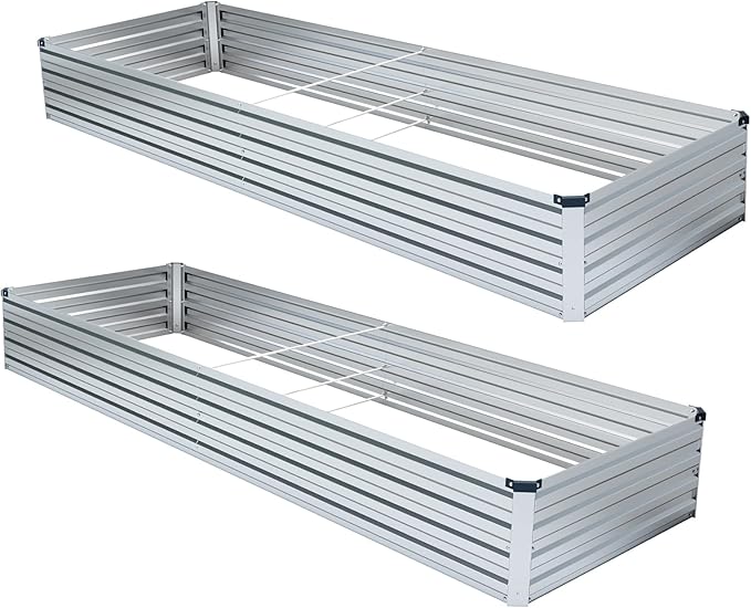 2 Pack 8x4x1FT Galvanized Raised Garden Bed Kit, Outdoor Metal Planter Box for Vegetables, Bottomless Rectangular Gardening Bed with Support Rods, Tool-Free Assembly, Silver Meberam