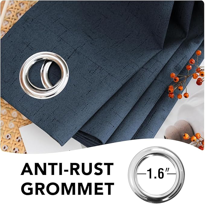 H.VERSAILTEX Linen Curtains 100% Blackout Curtains for Bedroom 102 inch Long Full Light Blocking Nature Linen Blended Window Curtains for Living Room Nickel Grommet (2 Panels, Navy) HVERSAILTEX
